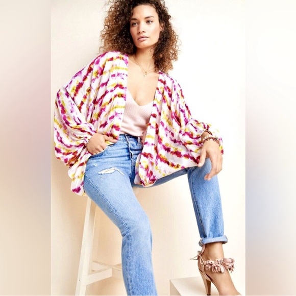 Anthropologie Sweaters - by Anthropologie Tie Dye Printed Cocoon Kimono Duster One Size Pink & Yellow